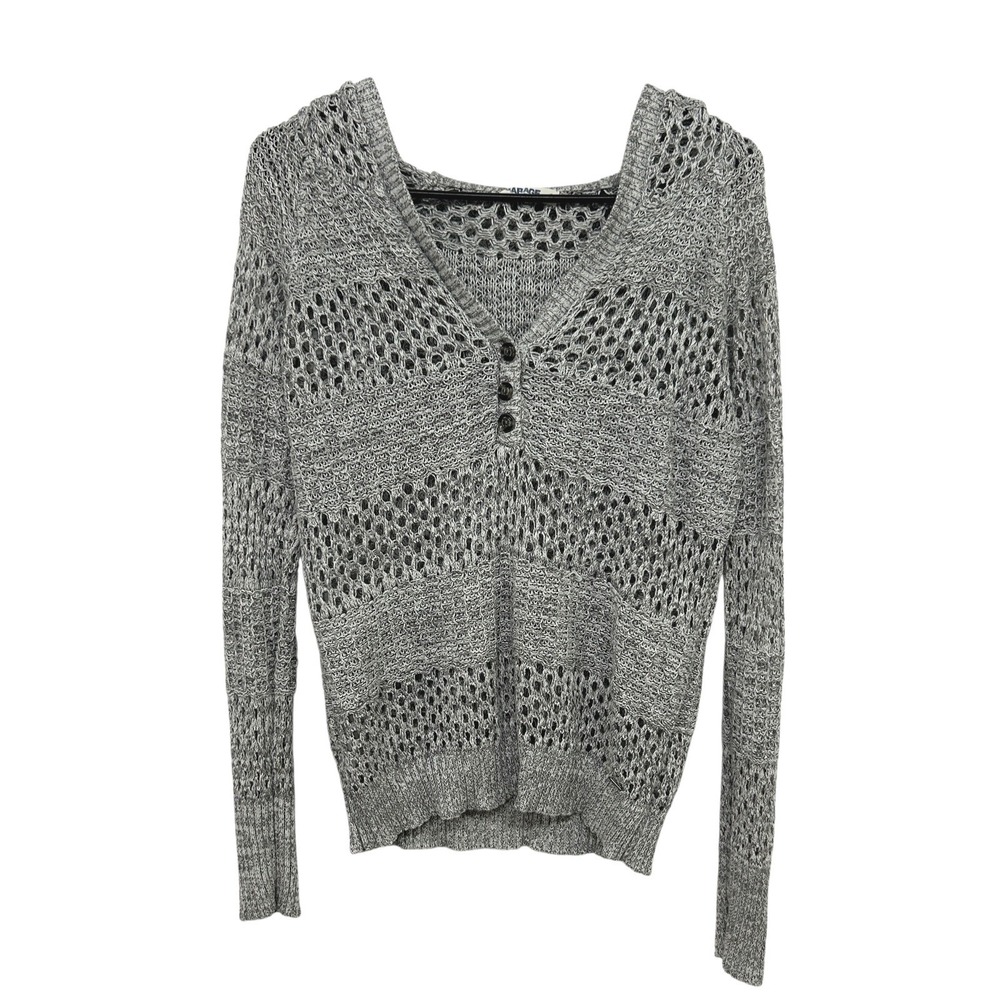Y2K Open Knit Hoodie Sweater L Gray Boho Coastal Beach Sheer Layering Indie